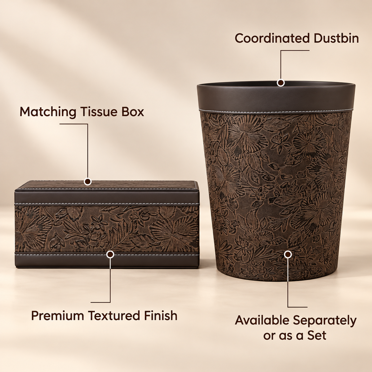 Dark Brown Ornamental tissue box and dustbin product features