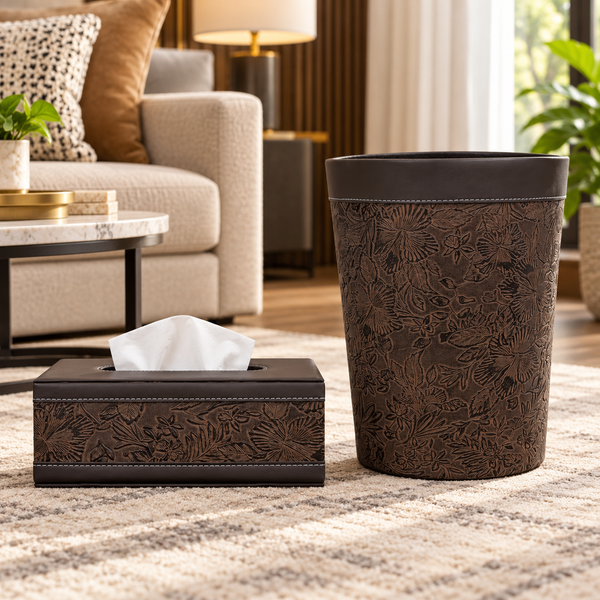 Dark Brown Ornamental matching tissue box and dustbin lifestyle image