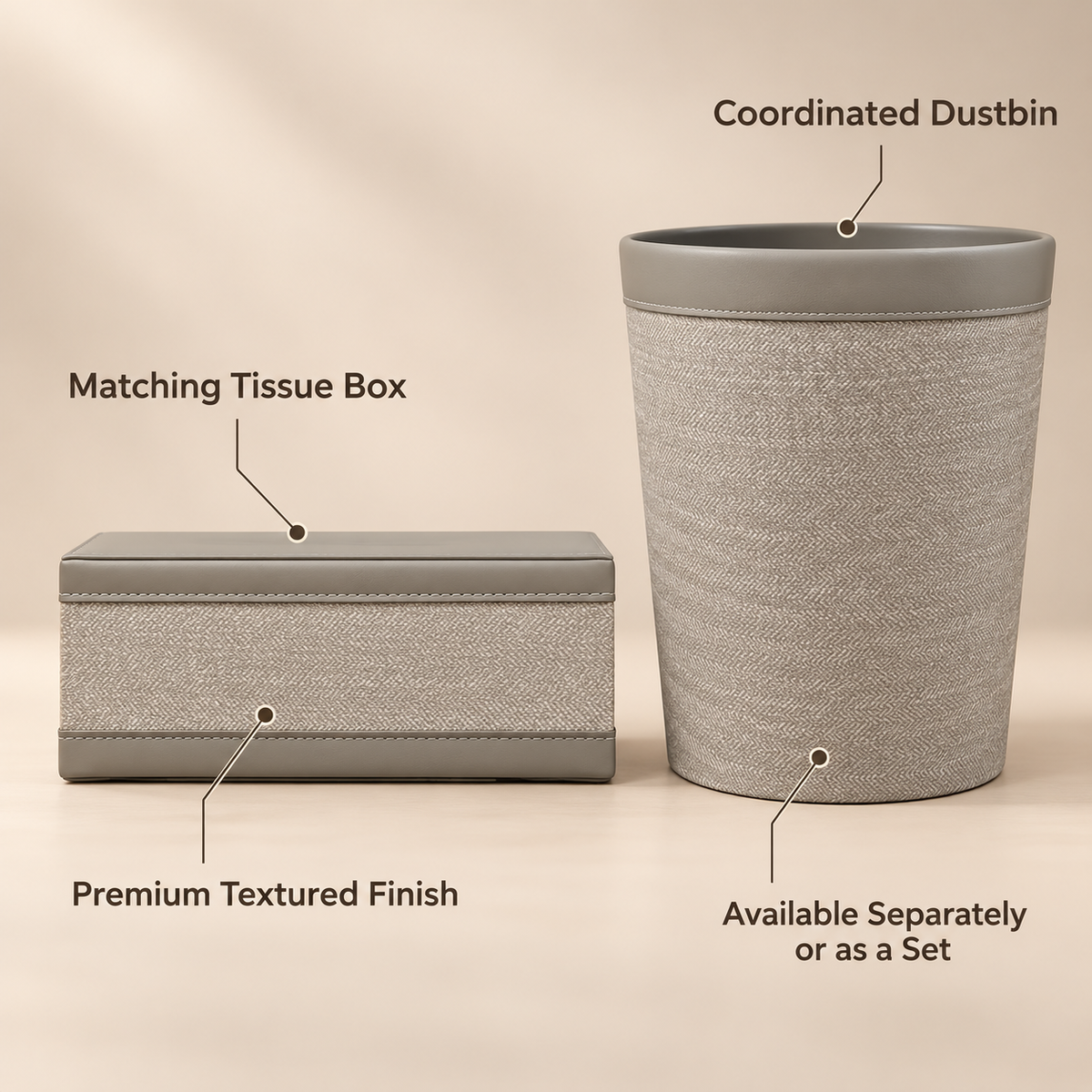 Light Grey Woven tissue box and dustbin product features