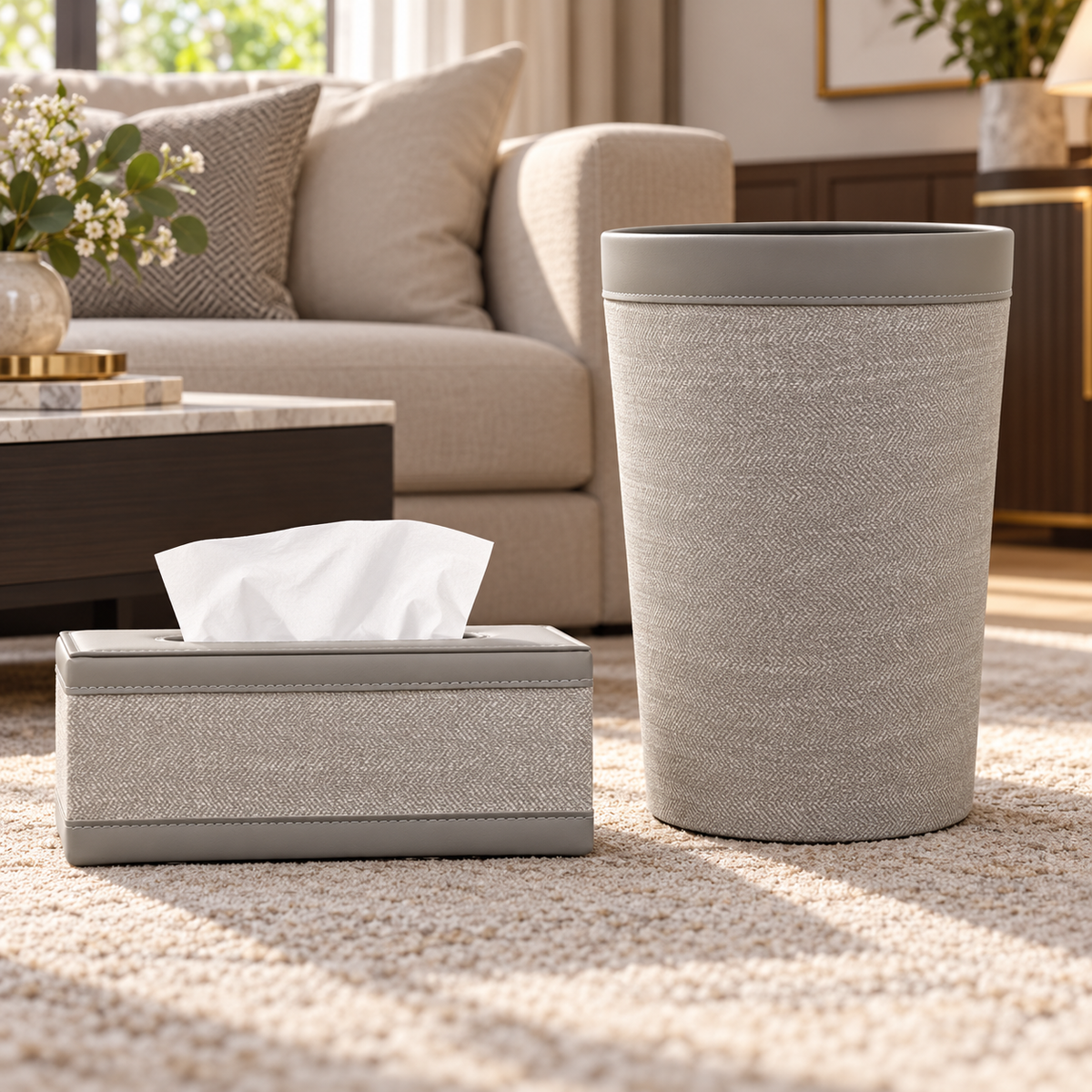 Light Grey Woven matching tissue box and dustbin lifestyle image