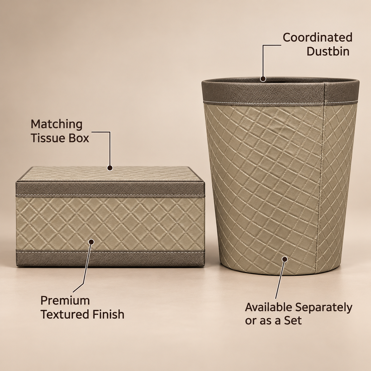 Taupe Diagonal Grid tissue box and dustbin product features