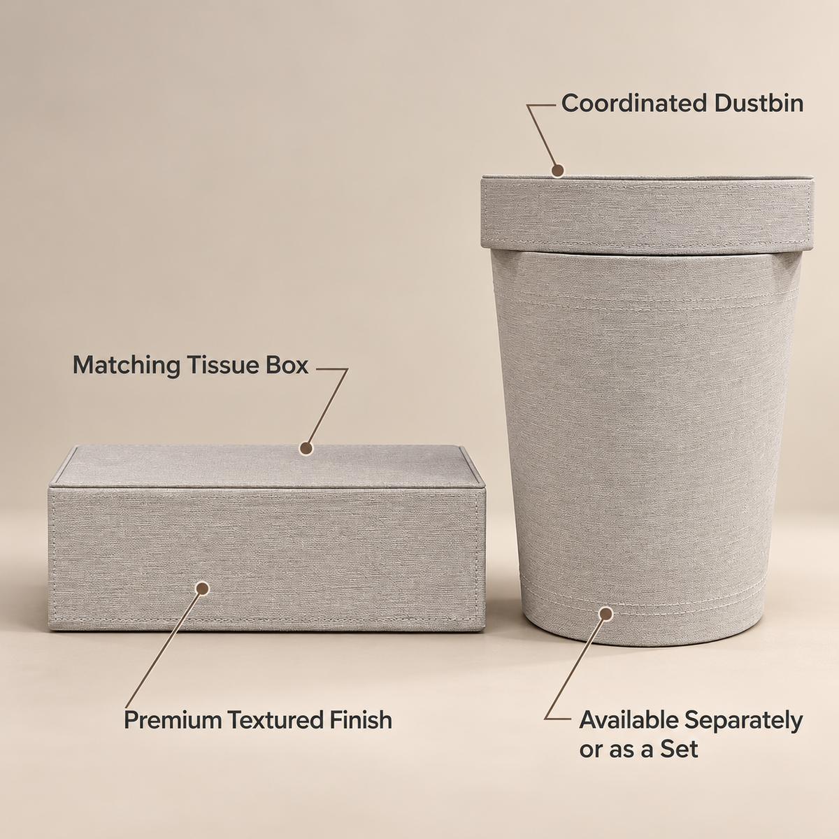 Pearl Grey Fine Texture tissue box and dustbin product features