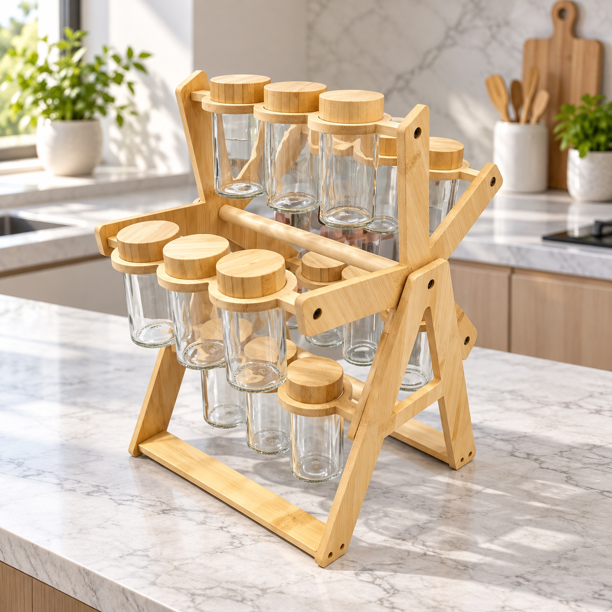 Revolving Bamboo Spice Rack with Glass Jars & Lids