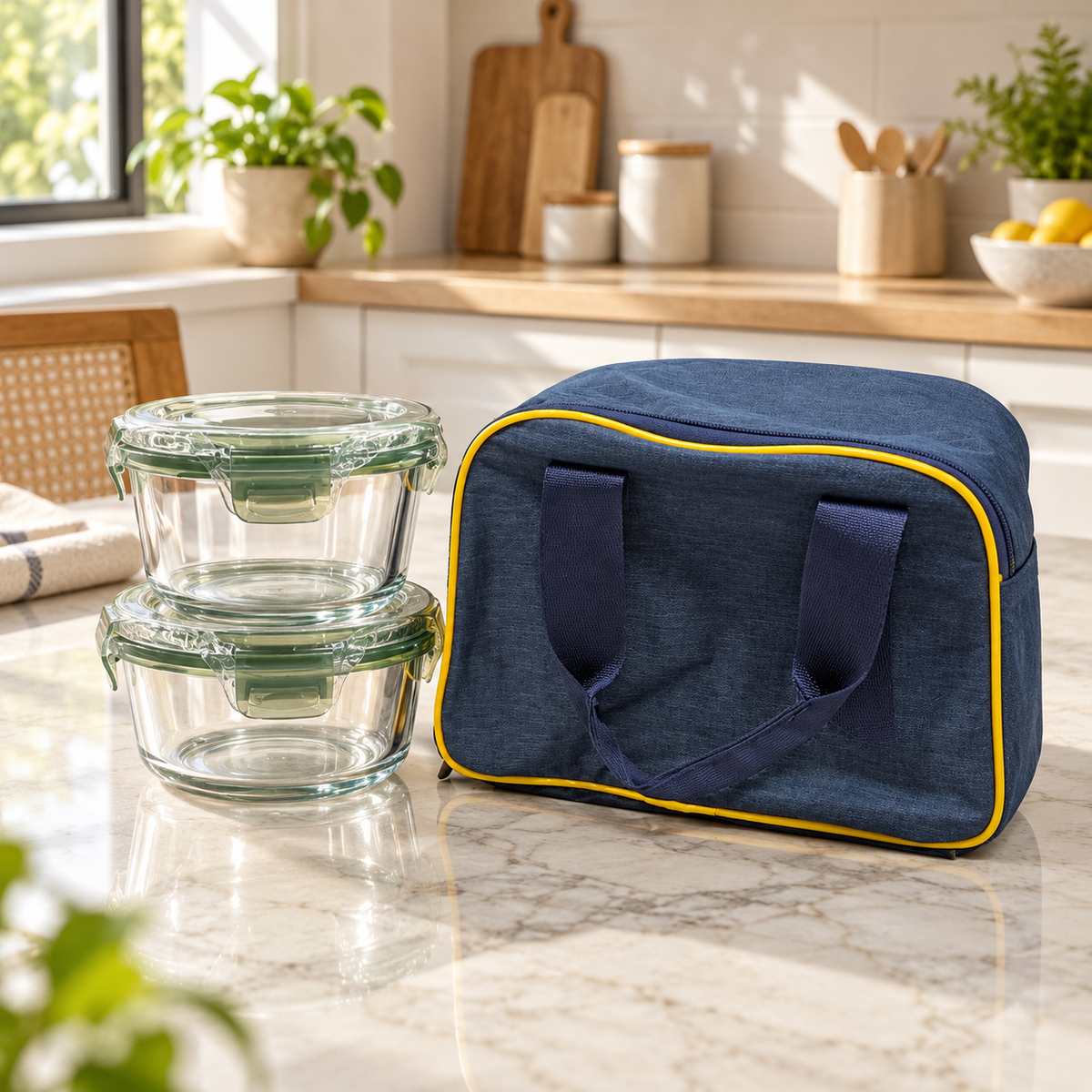 Round Glass Lunch Box Set with Carry Bag – 2 Containers