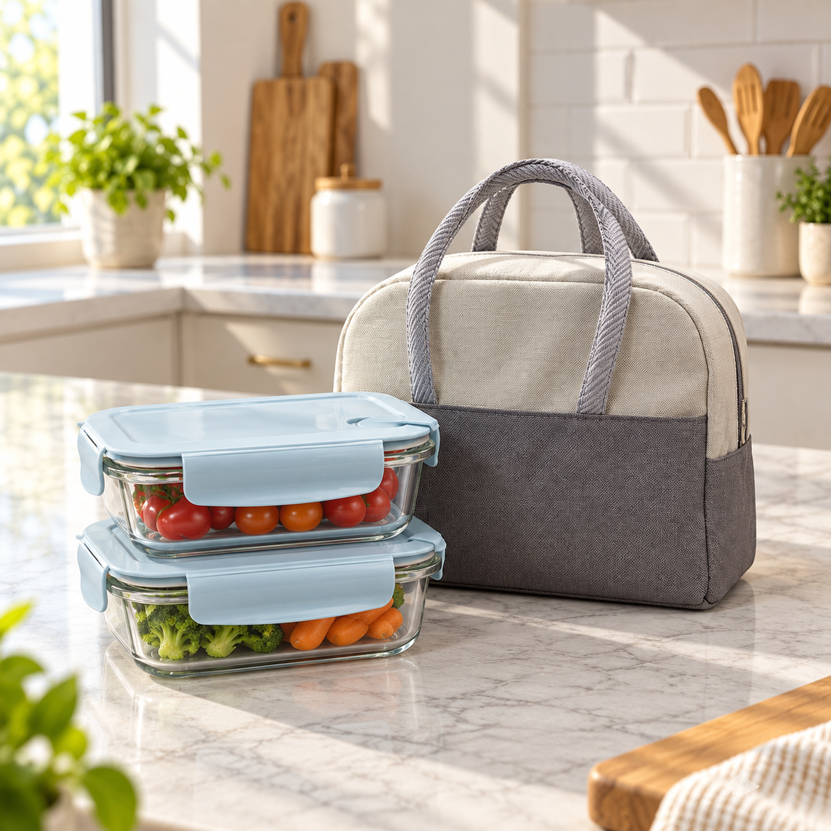 Rectangular Glass Lunch Box Set with Carry Bag – 2 Containers