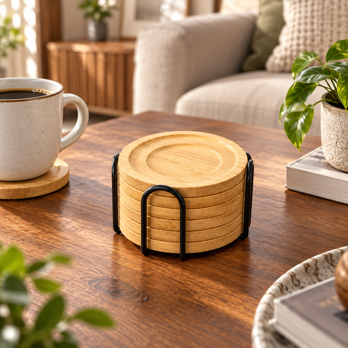 Bamboo coasters with metal stand