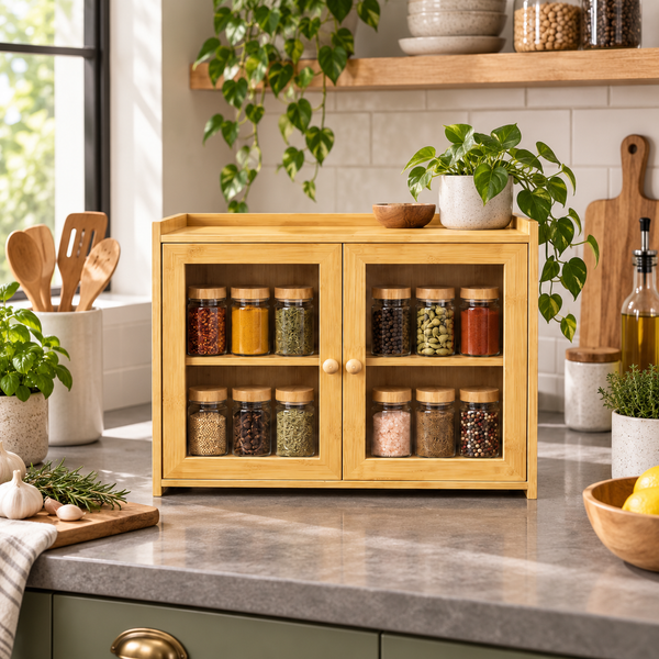 Bamboo spice cabinet with acrylic doors