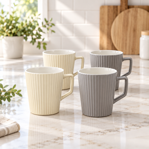 Ribbed grey and cream ceramic coffee mug set of 4