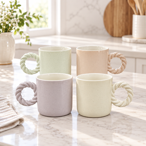 Twisted rope handle ceramic coffee mug set of 4