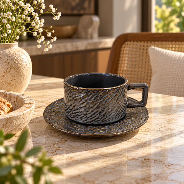 Black ceramic cup and saucer with gold wave texture