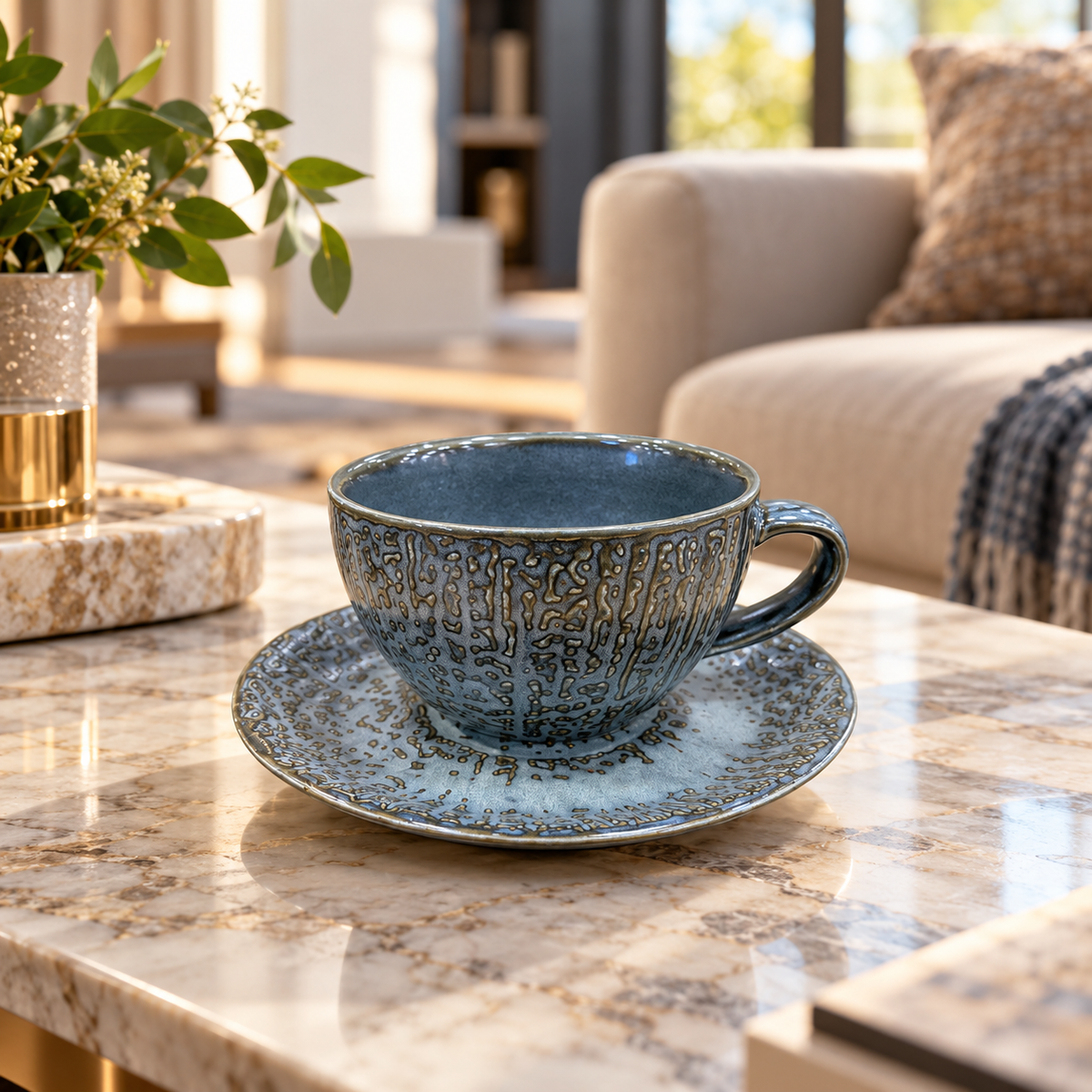 Blue grey ceramic cup and saucer with gold bark texture