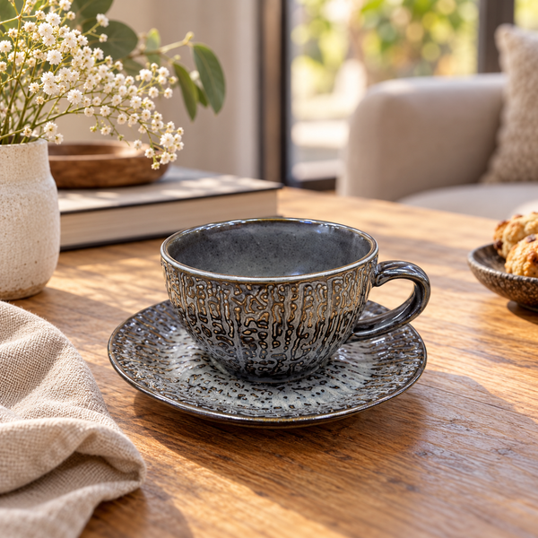 Charcoal ceramic cup and saucer with gold bark texture