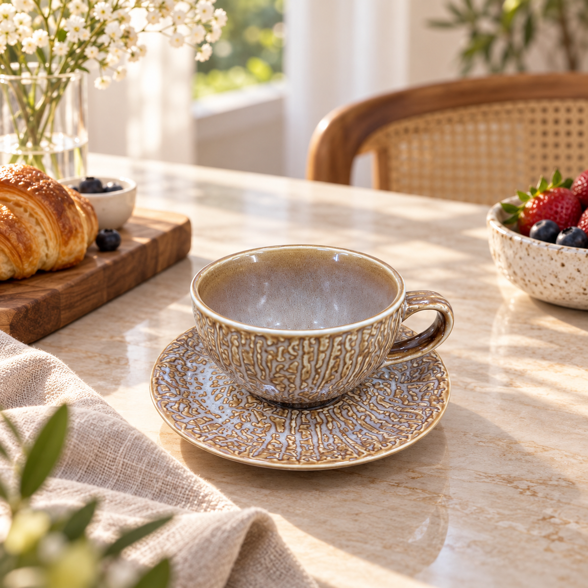 Pearl beige ceramic cup and saucer with gold bark texture