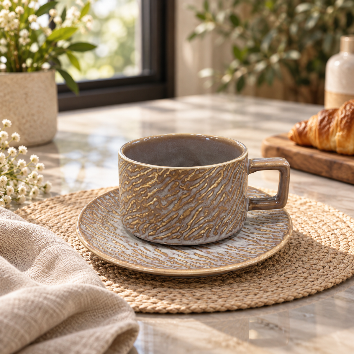 Taupe ceramic cup and saucer with gold wave texture