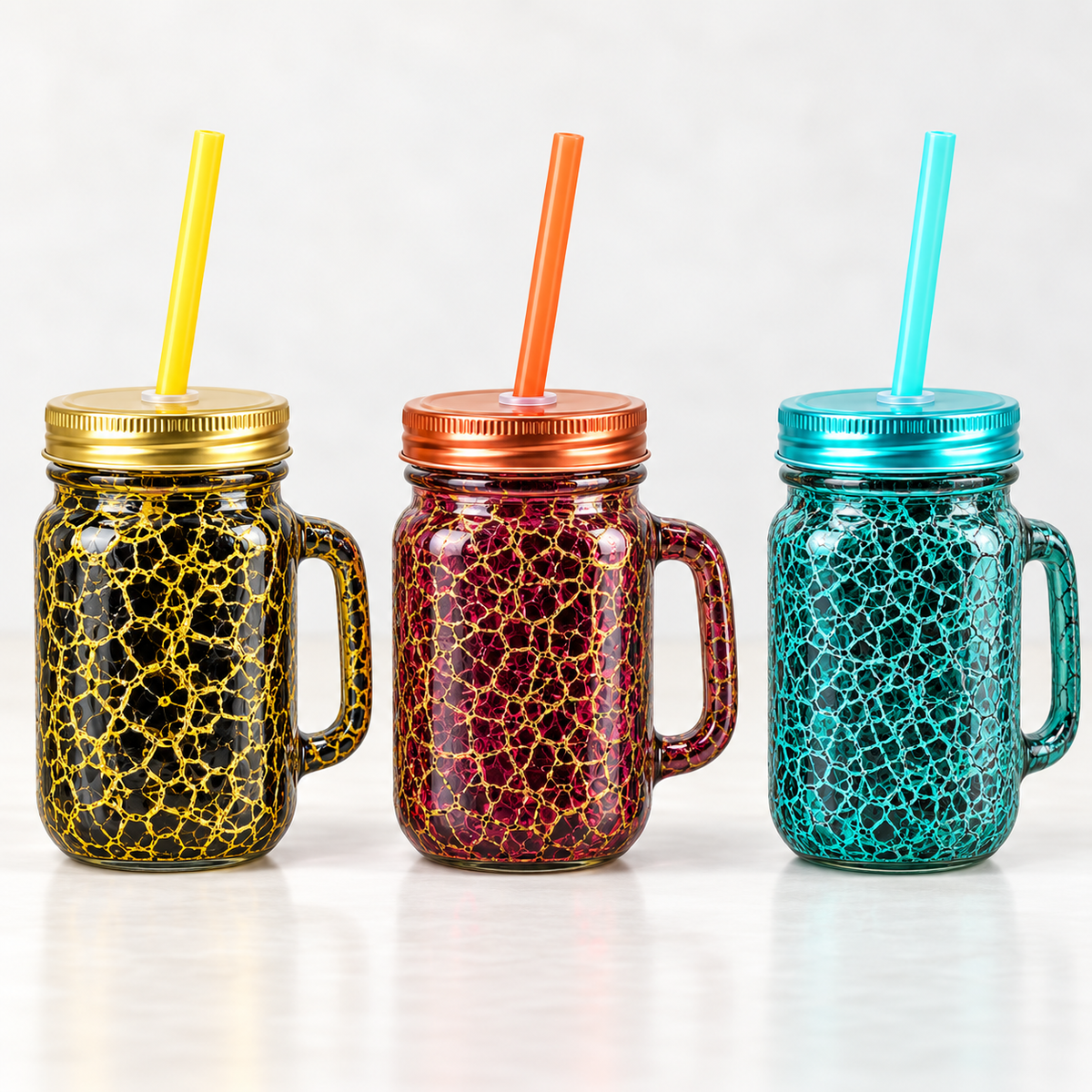 Textured mason jar mugs with lid and straw 450ml