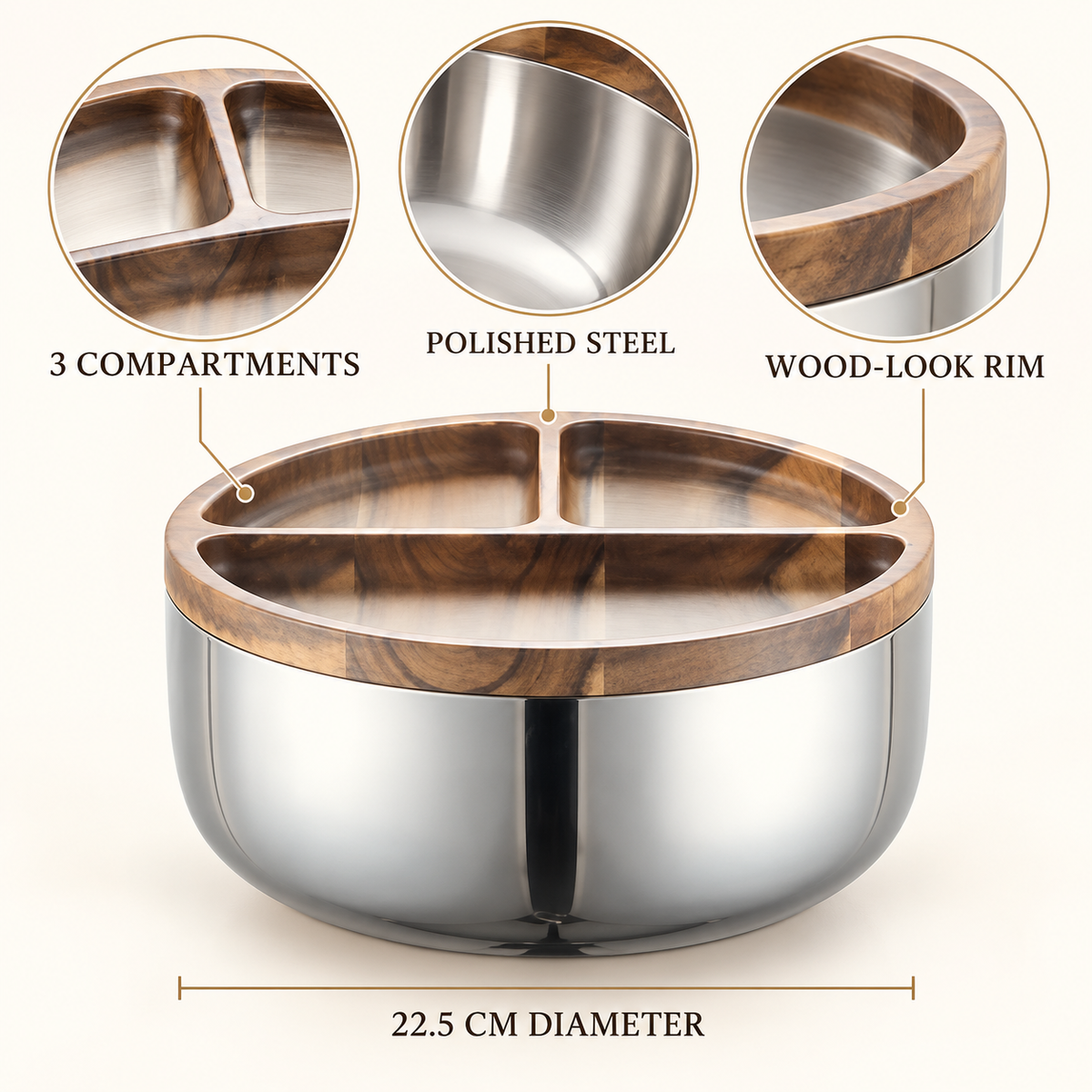Three compartment steel serving bowl details and 22.5 cm size