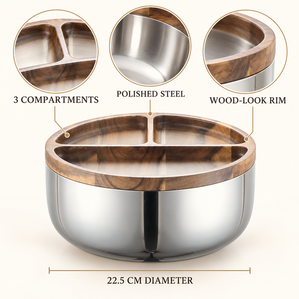 Three compartment steel serving bowl details and 22.5 cm size