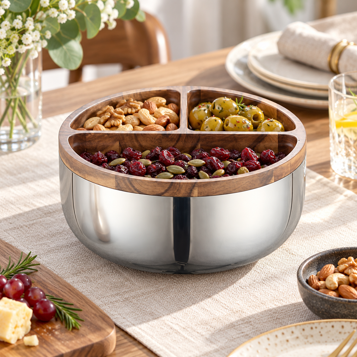 Premium three compartment stainless steel serving bowl with wood-look rim