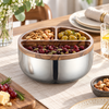 Premium three compartment stainless steel serving bowl with wood-look rim