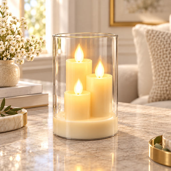 Three staggered ivory LED candles in a clear cylinder holder