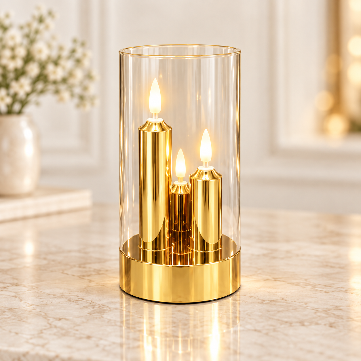 Three-in-one gold LED candle display in a clear cylinder