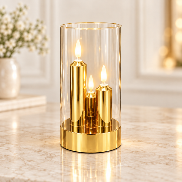 Three-in-one gold LED candle display in a clear cylinder
