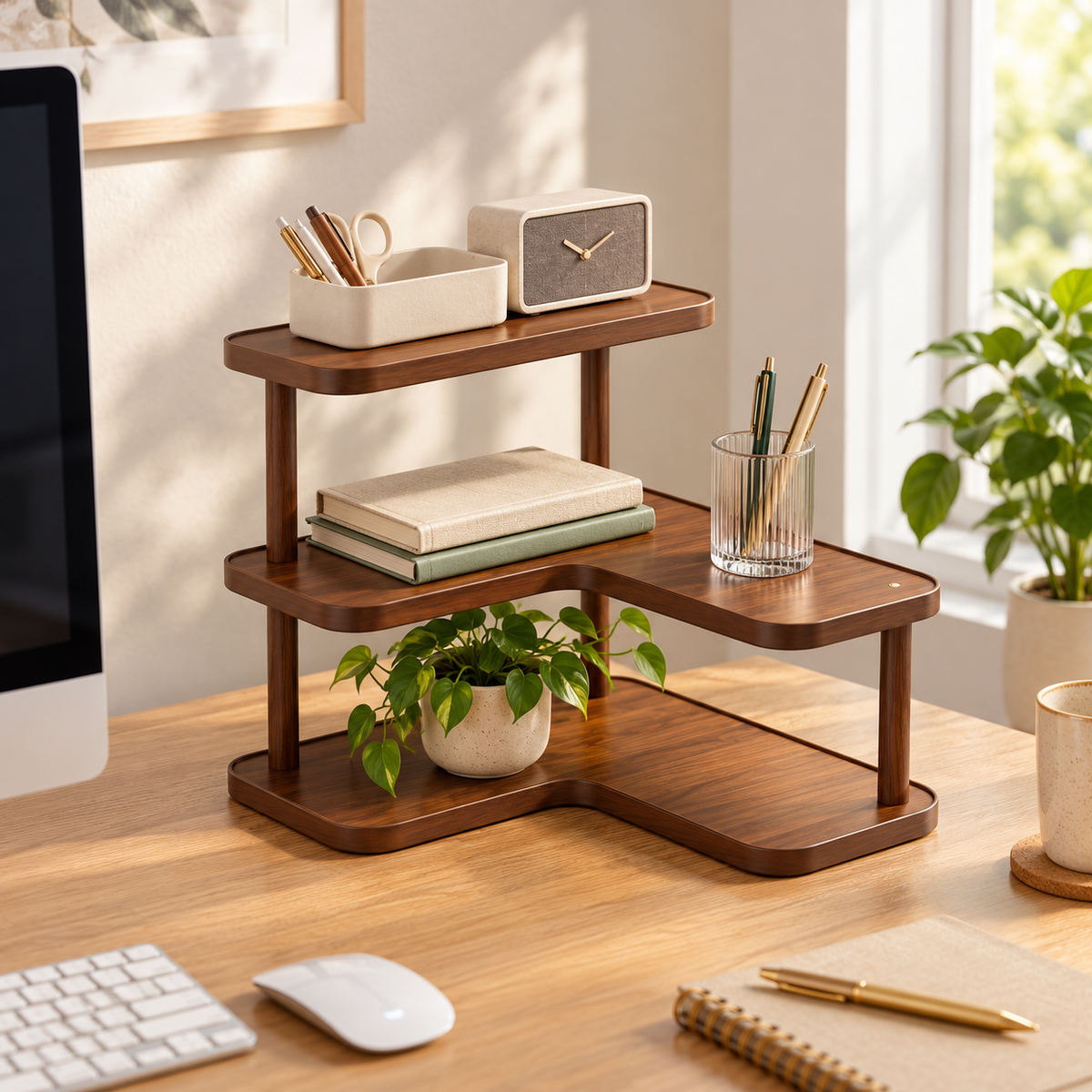 Three-tier bamboo desktop organizer shelf in a home office