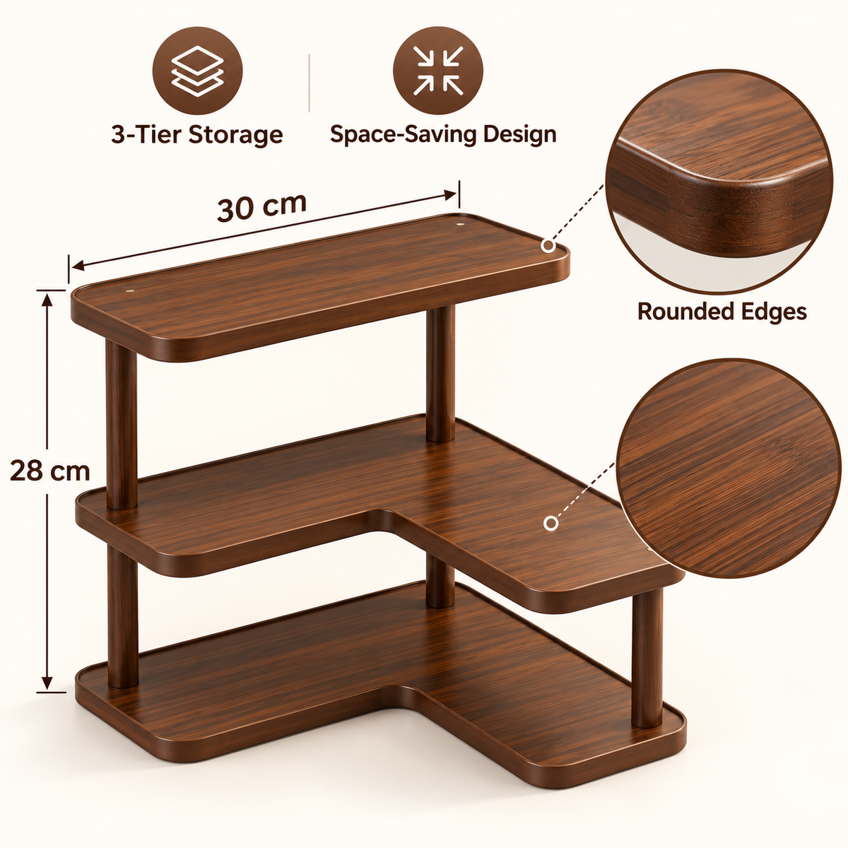 Three-tier bamboo organizer dimensions and storage features