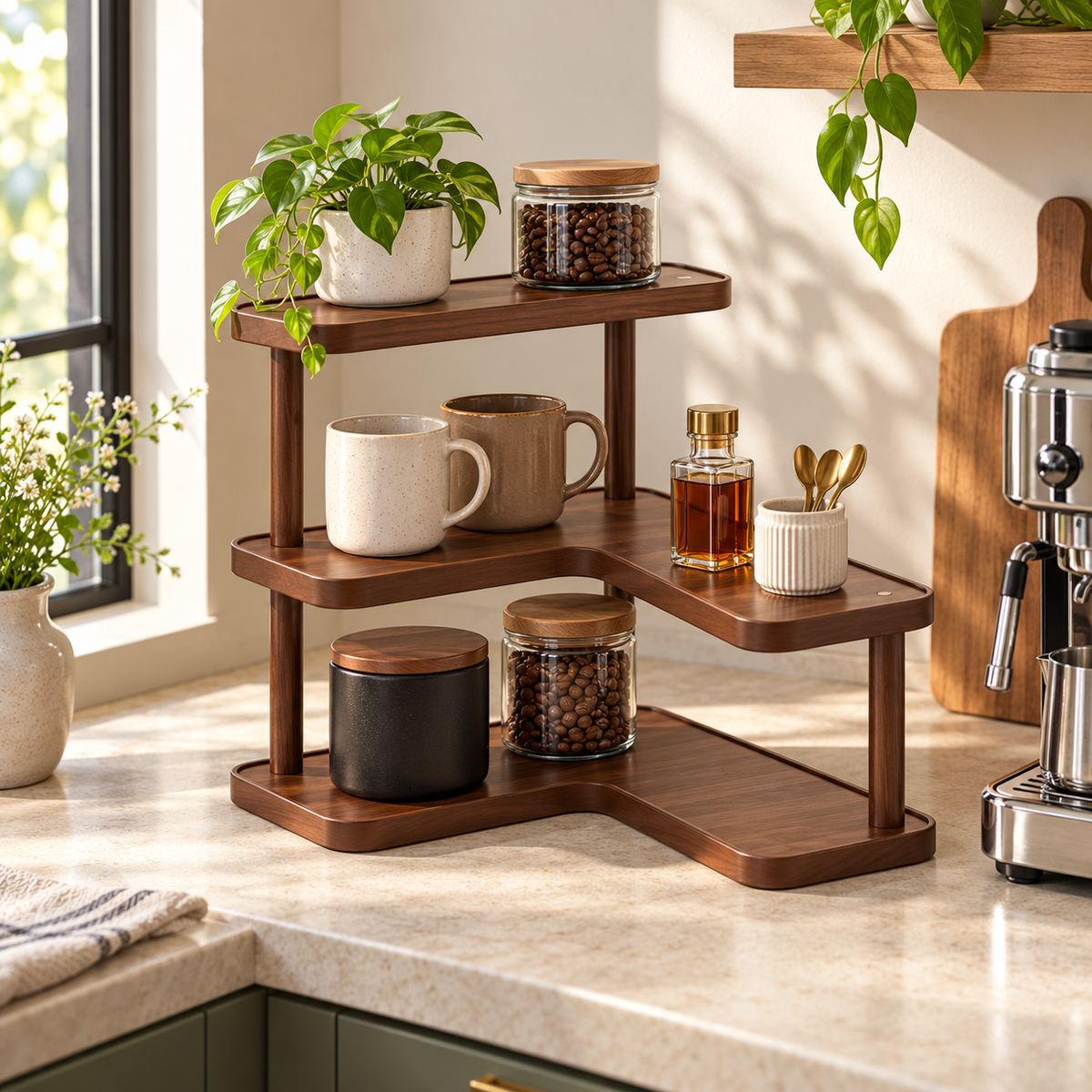 Three-tier bamboo countertop organizer at a coffee station