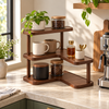 Three-tier bamboo countertop organizer at a coffee station