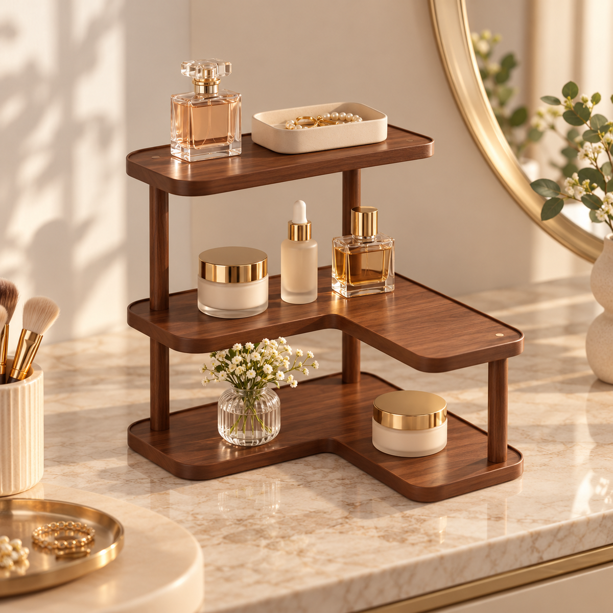 Three-tier bamboo organizer shelf for cosmetics and perfume