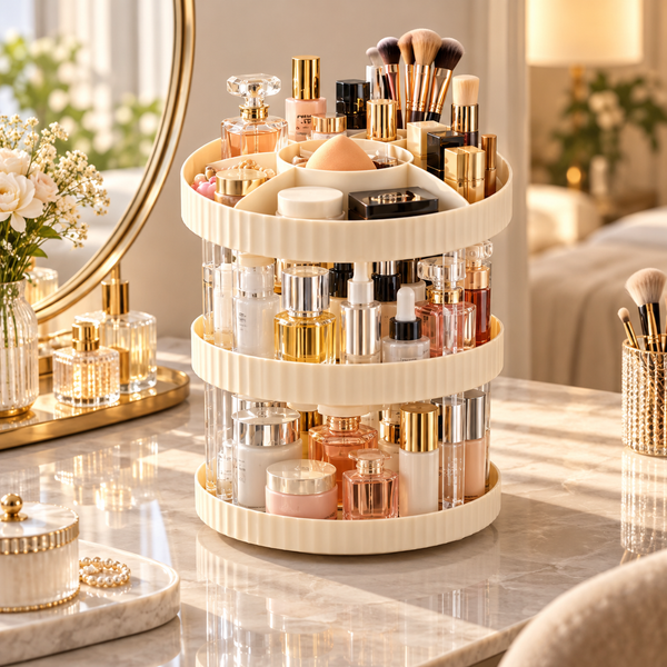 Three-tier 360-degree rotating makeup and skincare organizer