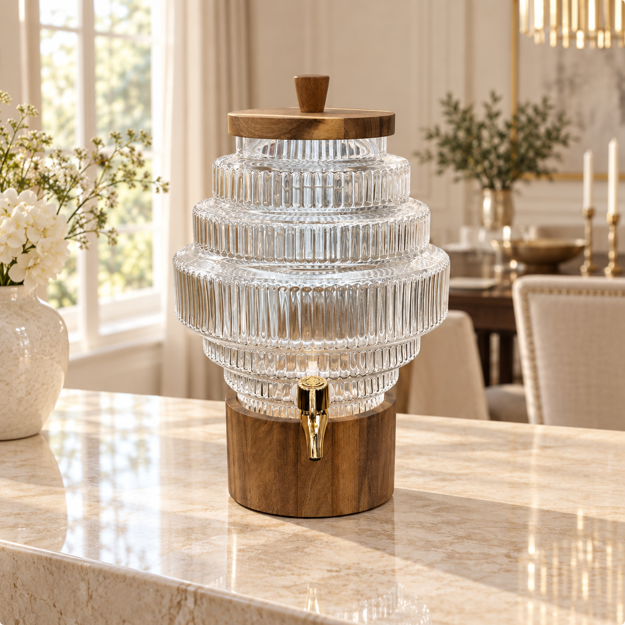 Tiered ribbed glass beverage dispenser with wooden stand and gold tap