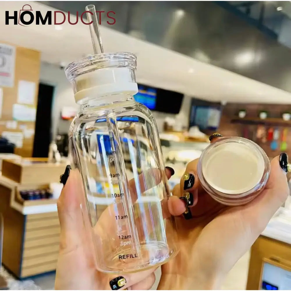 Transparent Glass Water Bottle With Straw