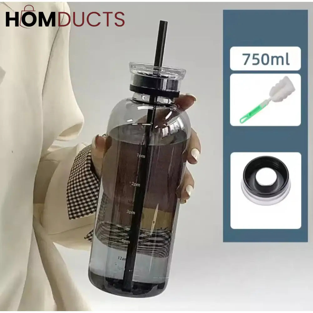 Transparent Glass Water Bottle With Straw