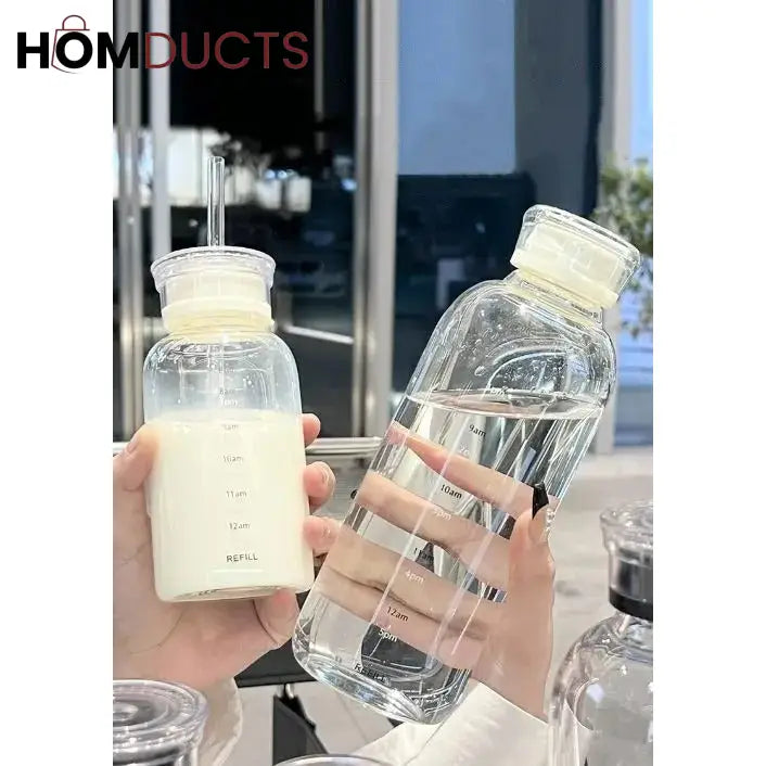 Transparent Glass Water Bottle With Straw