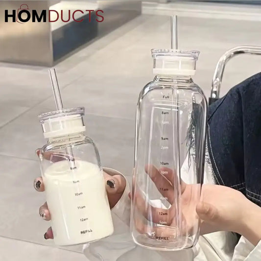 Transparent Glass Water Bottle With Straw