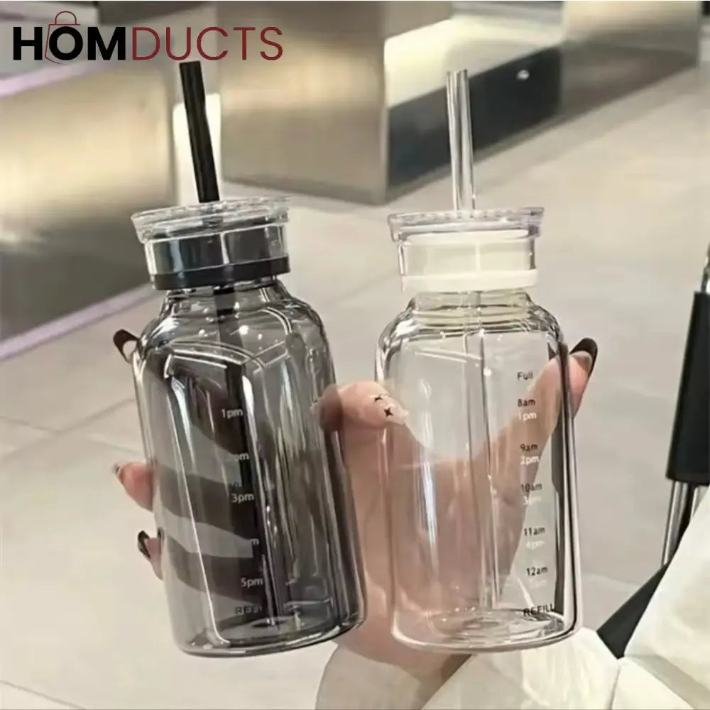 Transparent Glass Water Bottle With Straw