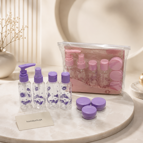 Seven-piece travel toiletry bottle and jar kit with clear pouch
