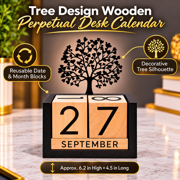 Tree Silhouette Wooden Perpetual Block Desk Calendar features and details