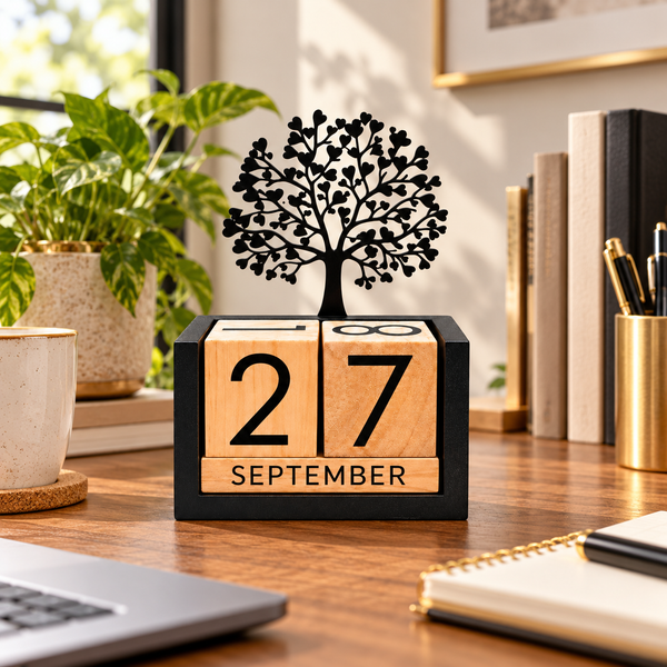 Tree Silhouette Wooden Perpetual Block Desk Calendar lifestyle image