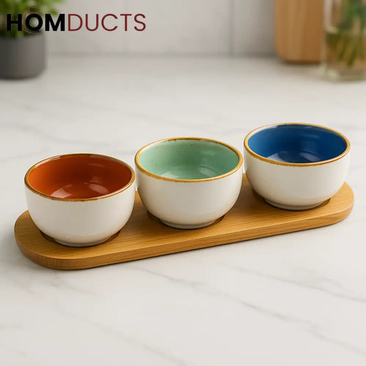 TrioTone Ceramic Dip Bowl Set with Wooden Tray