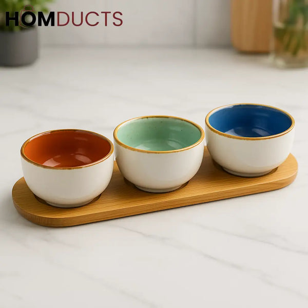 TrioTone Ceramic Dip Bowl Set with Wooden Tray