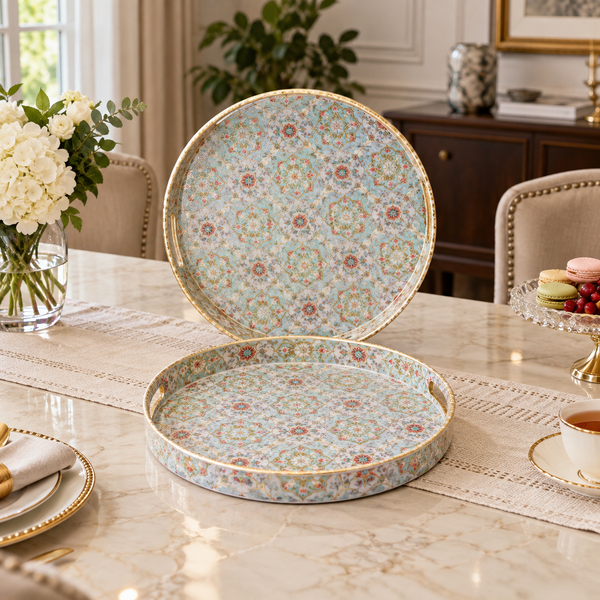 Turquoise ornate round serving tray set