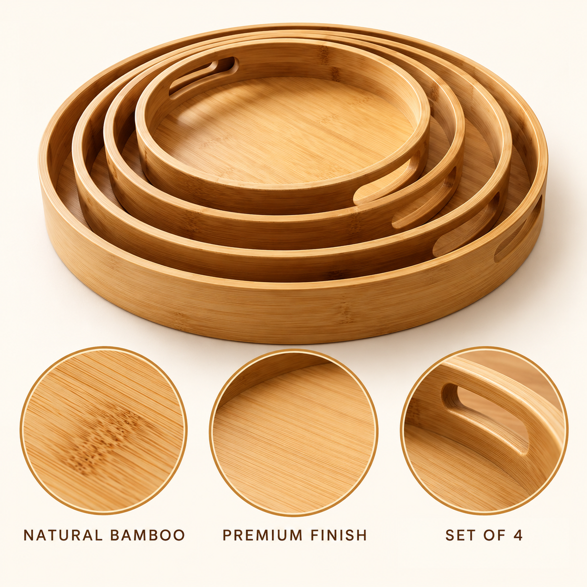 4-Piece Nested Round Bamboo Serving Tray Set features image