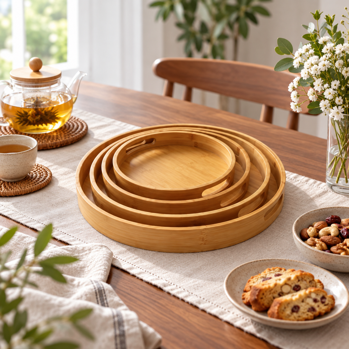 4-Piece Nested Round Bamboo Serving Tray Set lifestyle image