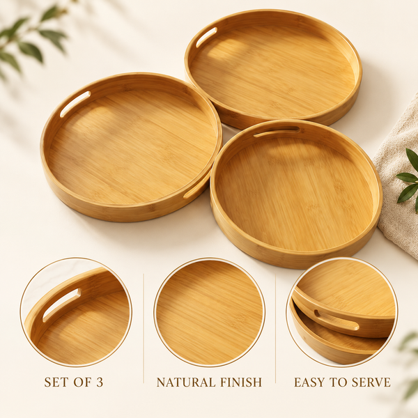 3-Piece Round Bamboo Serving Tray Set features image