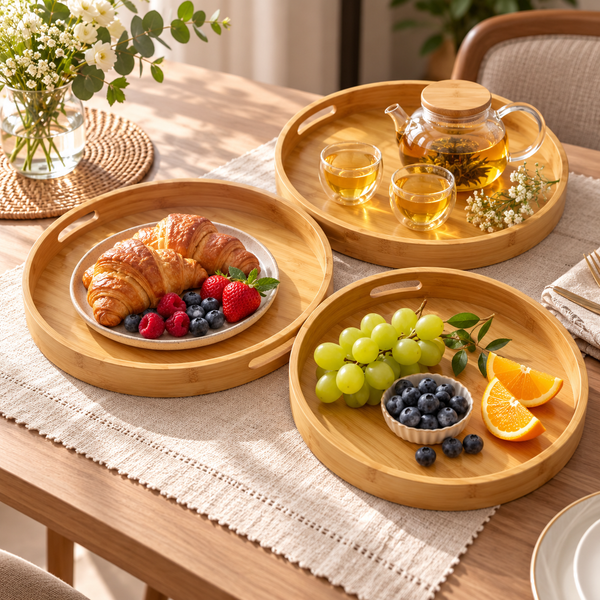 3-Piece Round Bamboo Serving Tray Set lifestyle image