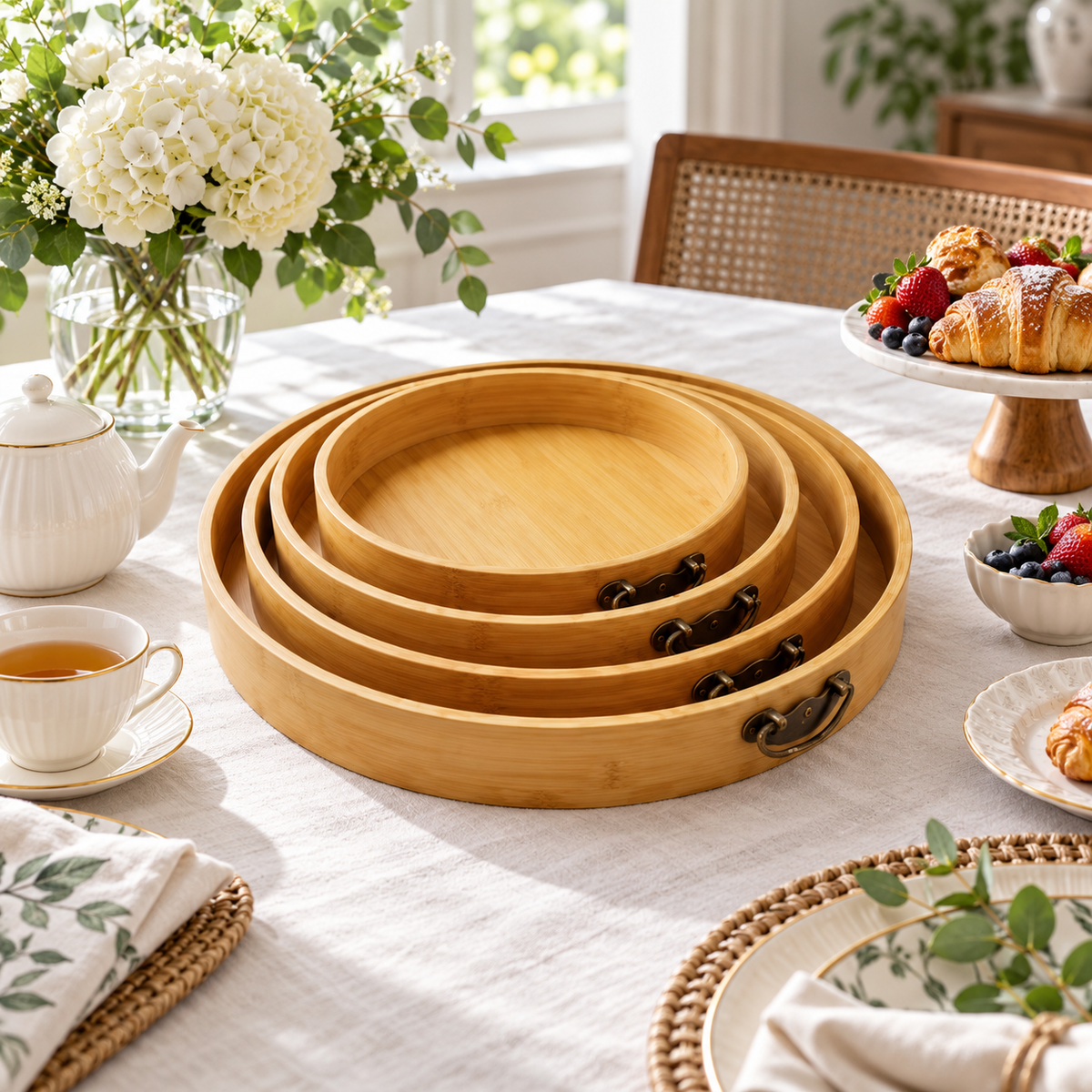4-Piece Nested Round Bamboo Serving Tray Set with Metal Handles styled on a dining table