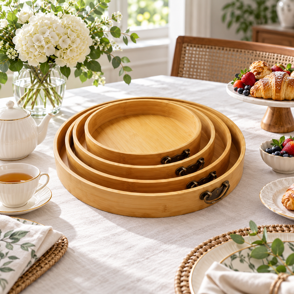 4-Piece Nested Round Bamboo Serving Tray Set with Metal Handles styled on a dining table